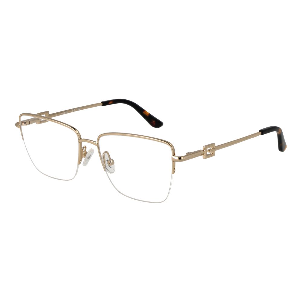 Guess Gold Metal Glasses (Frames) for women, half-rim style, gold metal frame with demo lenses, includes branded case, size 53-16-140.