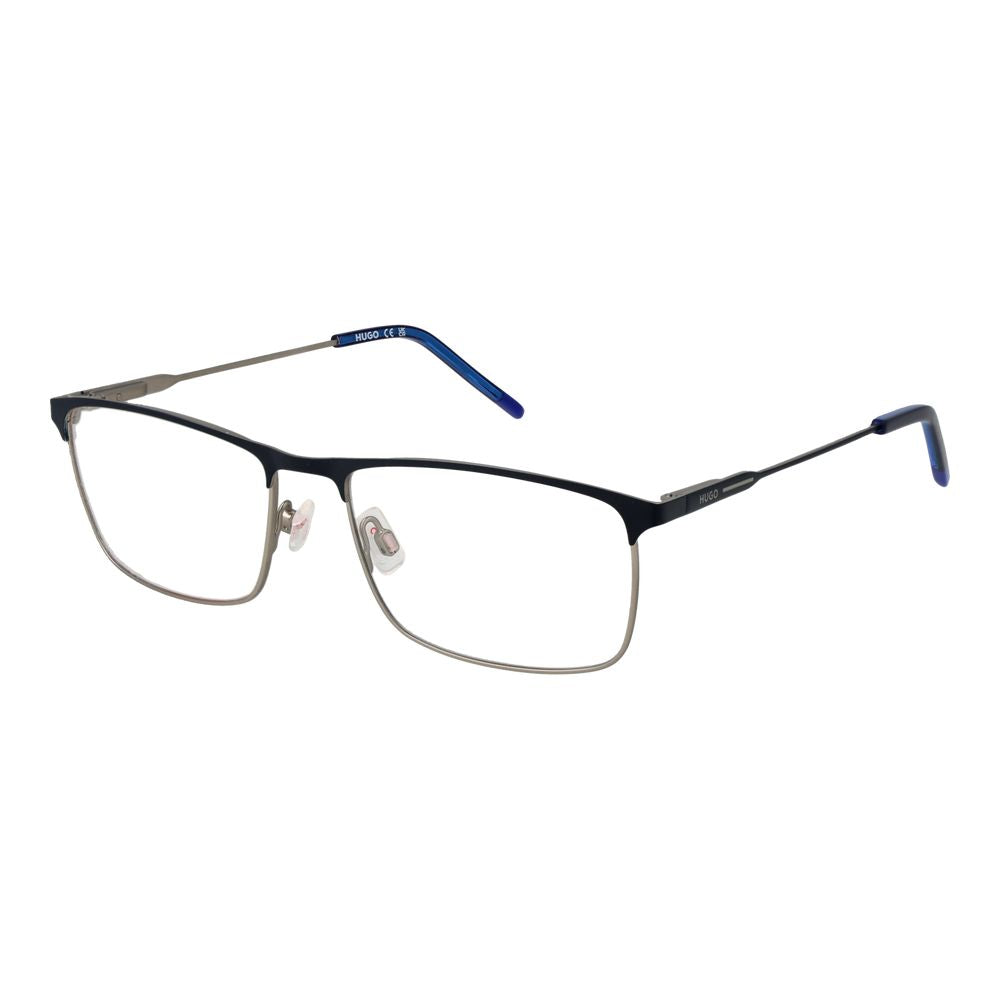 Hugo Boss Blue Stainless Steel Glasses (Frames) for men, full-rim with browline style and demo lenses, includes branded case.