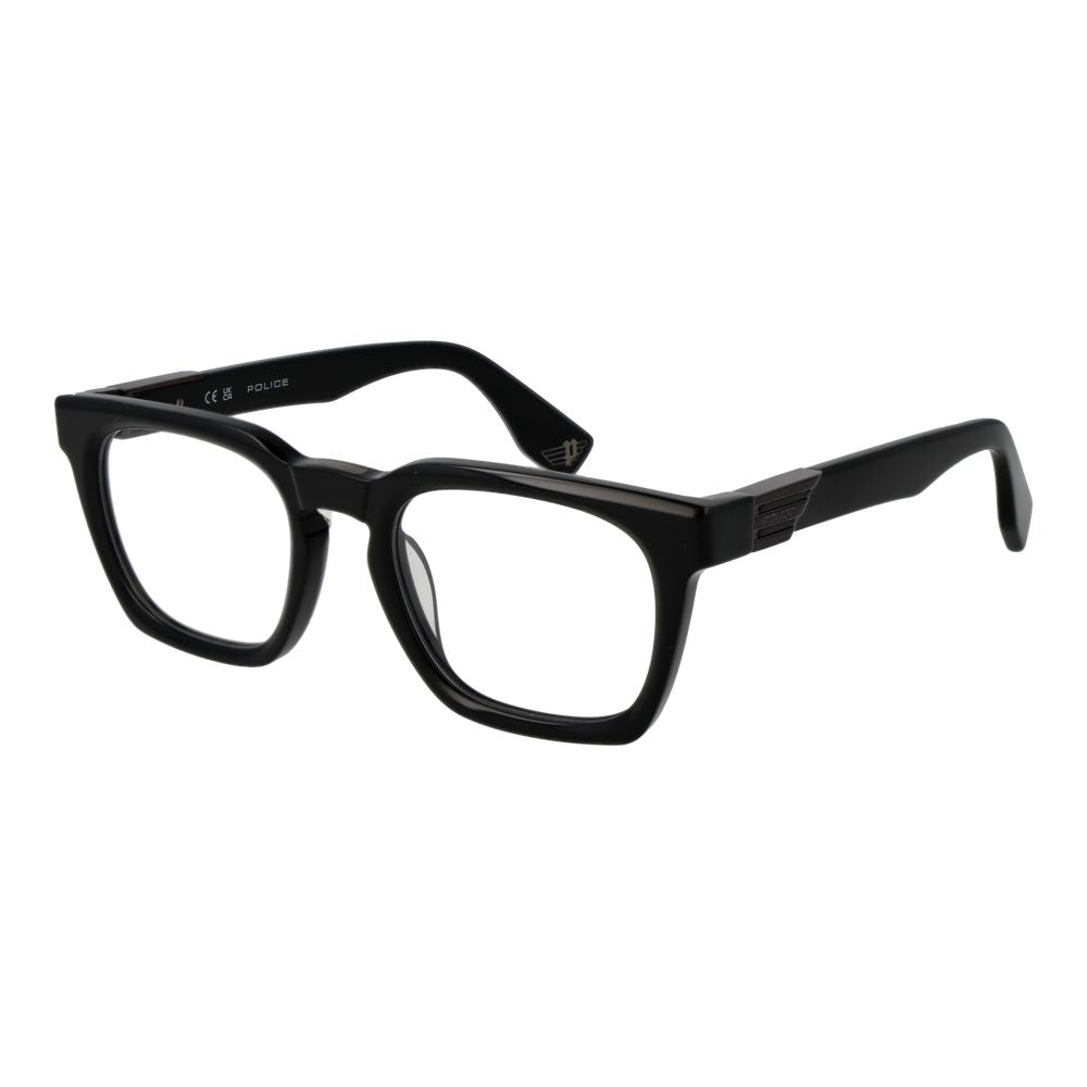 Police Black Cellulose Acetate Glasses (Frames), full-rim black rectangle frames with demo lenses.