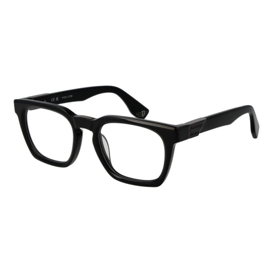Police Black Cellulose Acetate Glasses (Frames), full-rim black rectangle frames with demo lenses.
