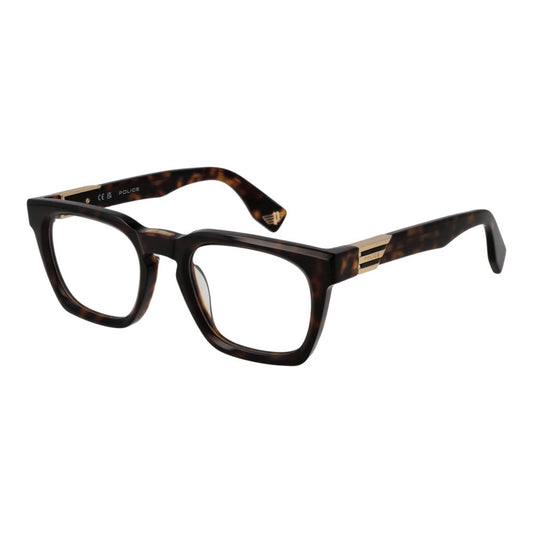 Police Brown Cellulose Acetate Glasses (Frames) for men in full-rim square style with demo lenses, size 51-22-145.