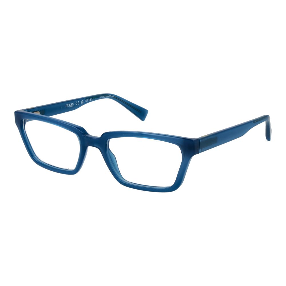Guess Blue Plastic Glasses (Frames), unisex full-rim rectangle design, blue frame, demo lenses, spring hinge, size 54-19-145.