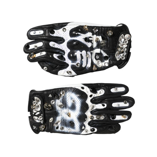Dolce & Gabbana Gloves Black White Crystal Wrist Length Mitten  Gloves