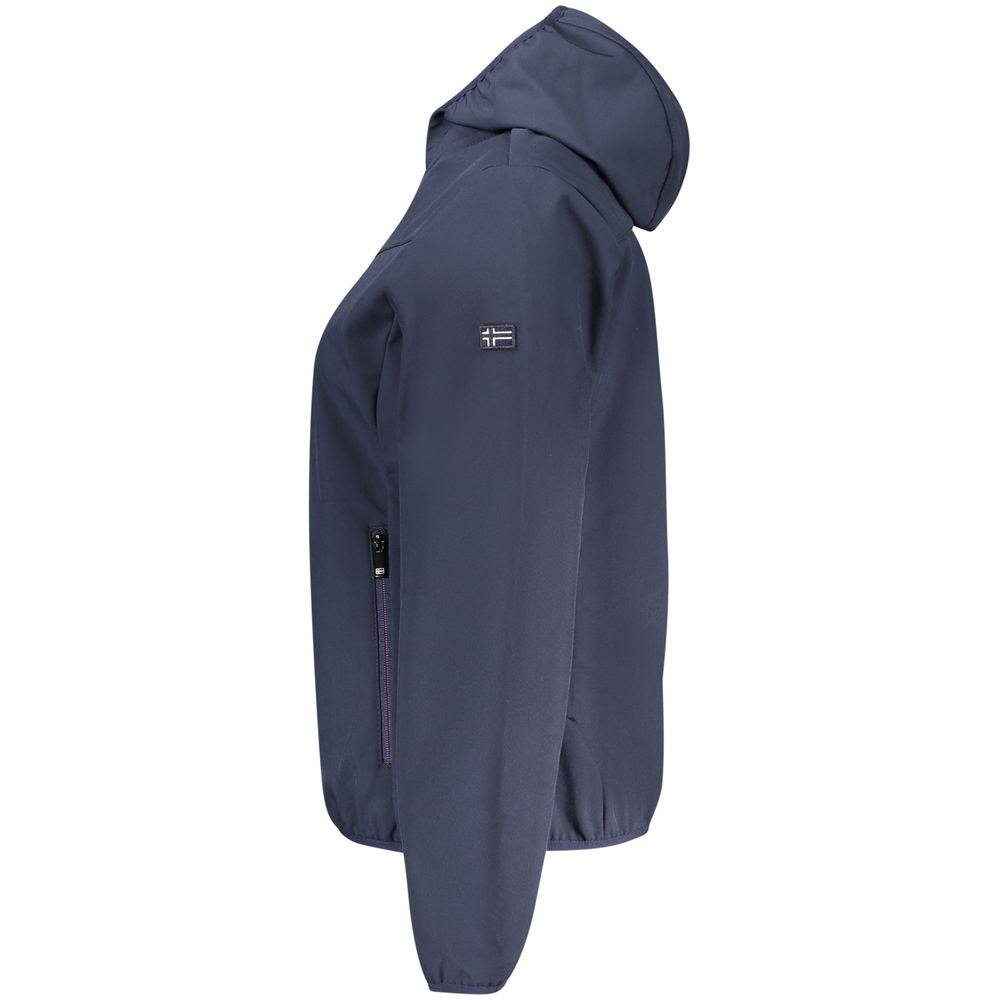 Side view of Norway 1963 Blue Polyester Women Jacket showcasing sleek design and logo.