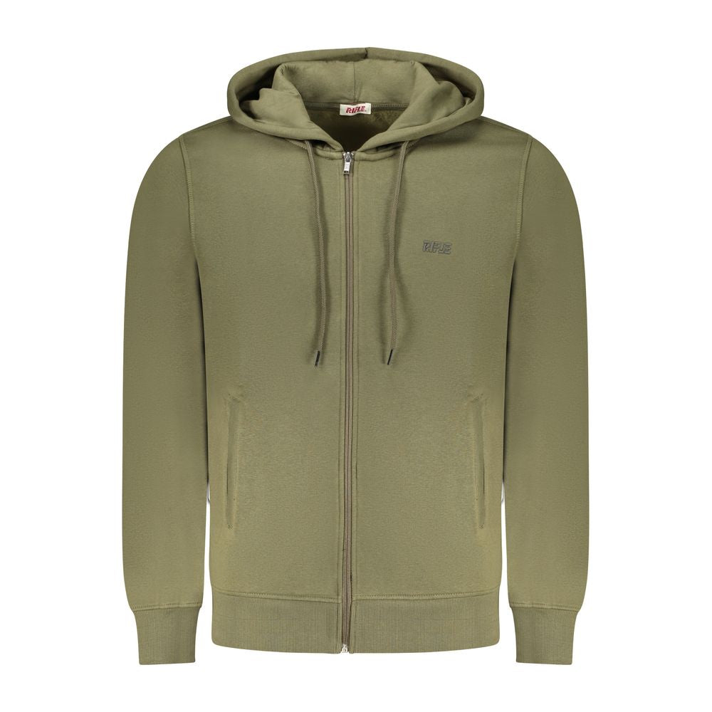 Rifle Green Cotton Men Sweater with hood, zip closure, and pockets showcasing comfort and modern style in a cotton-polyester blend.