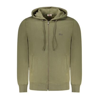 Rifle Green Cotton Men Sweater with hood, zip closure, and pockets showcasing comfort and modern style in a cotton-polyester blend.