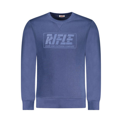 Rifle Blue Cotton Men Sweater with logo print, trendy long-sleeve crew-neck, ideal for modern fashion-forward style.