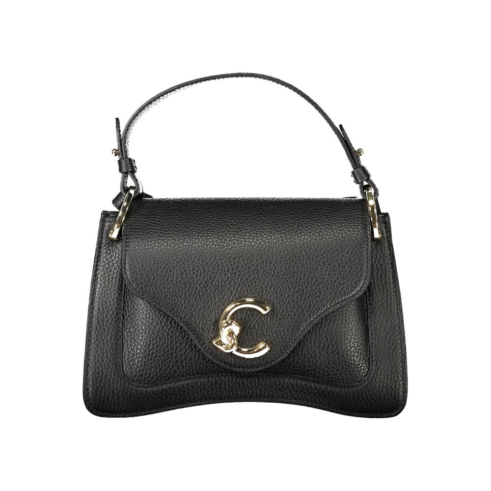 Coccinelle Black Leather Handbag with adjustable strap, snap closure, and contrasting details.