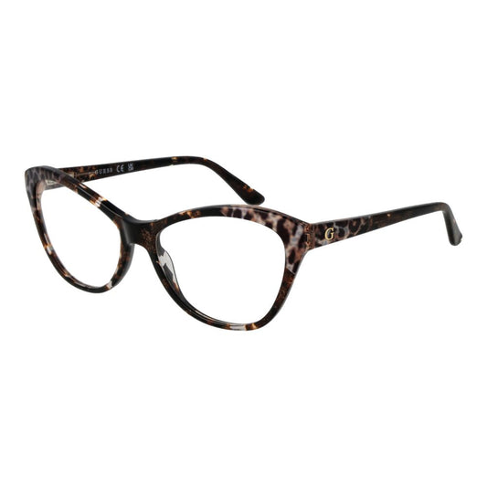 Guess Brown Acetate Glasses (Frames) for women with full-rim cat eye design, brown acetate frame, demo lenses, and spring hinges.