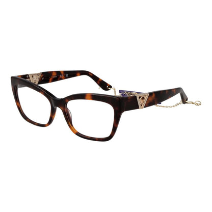 Guess Brown Acetate Glasses (Frames) for women, full-rim cat eye style, featuring spring hinge and demo lenses in brown acetate.