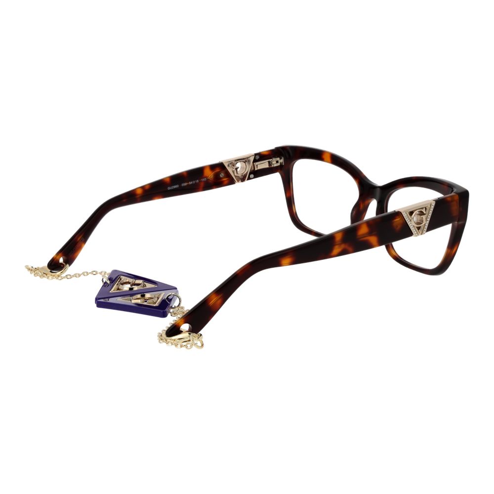 Guess Brown Acetate Glasses (Frames) with cat eye style, full-rim acetate frame, and branded pendant. Ideal for women.