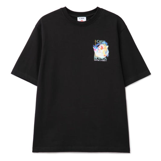 Alt Tag: Casablanca Black Cotton T-Shirt with colorful front print, short sleeves, and crew neck.