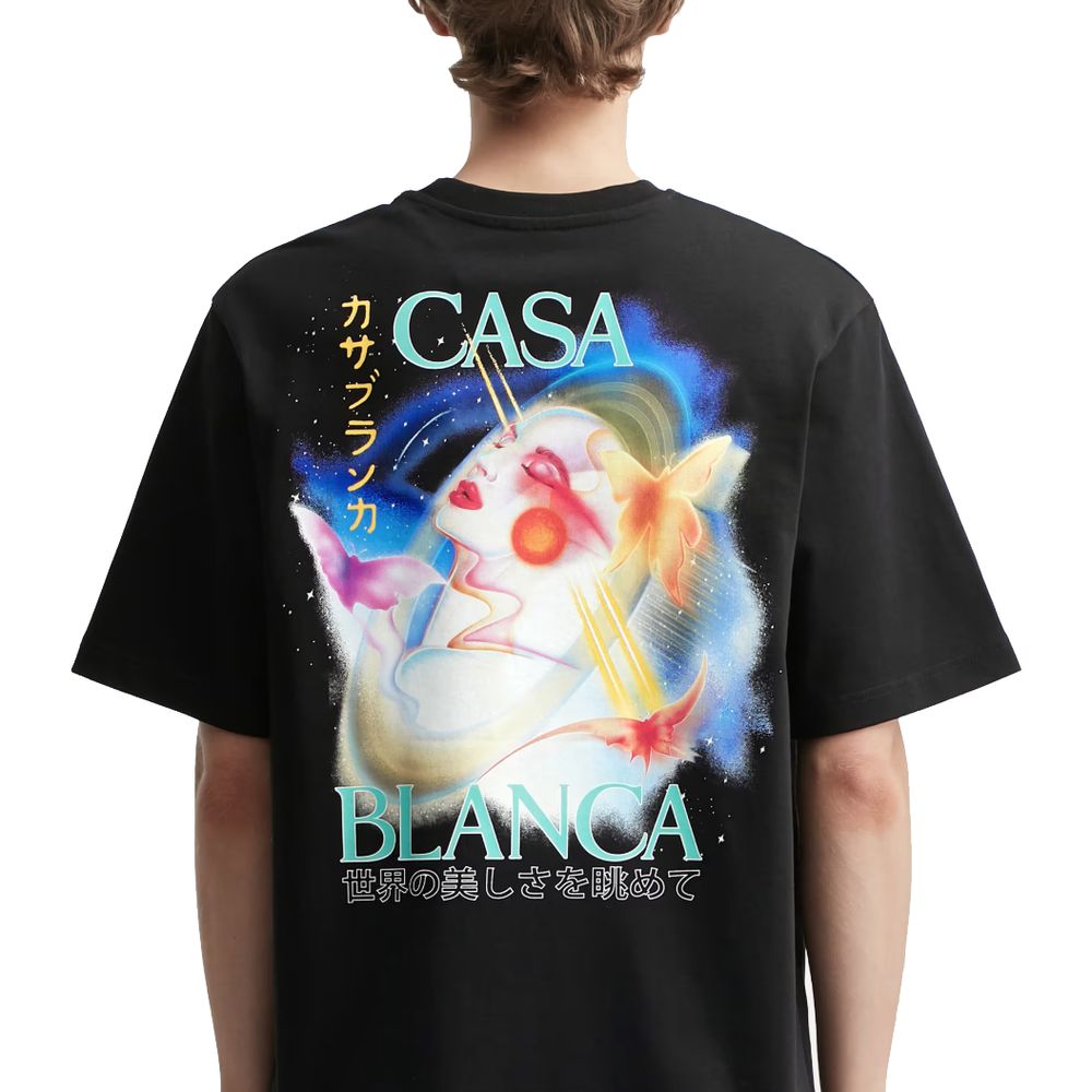 Casablanca Black Cotton T-Shirt with artistic back print, comfortable crew neck, ideal for stylish casual wear.