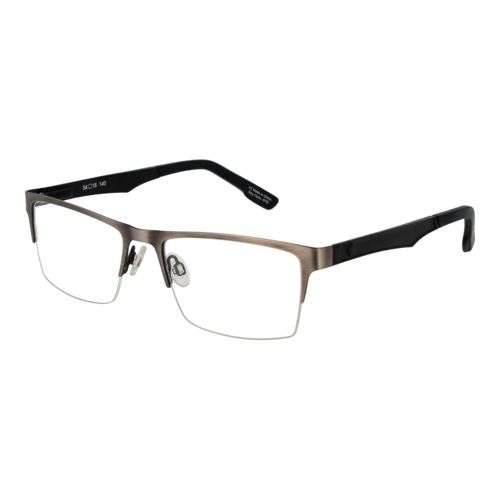 Spy Gray Plastic Glasses (Frames), gunmetal half-rim, mens rectangle style with spring hinge, includes branded pouch, no lens protection.