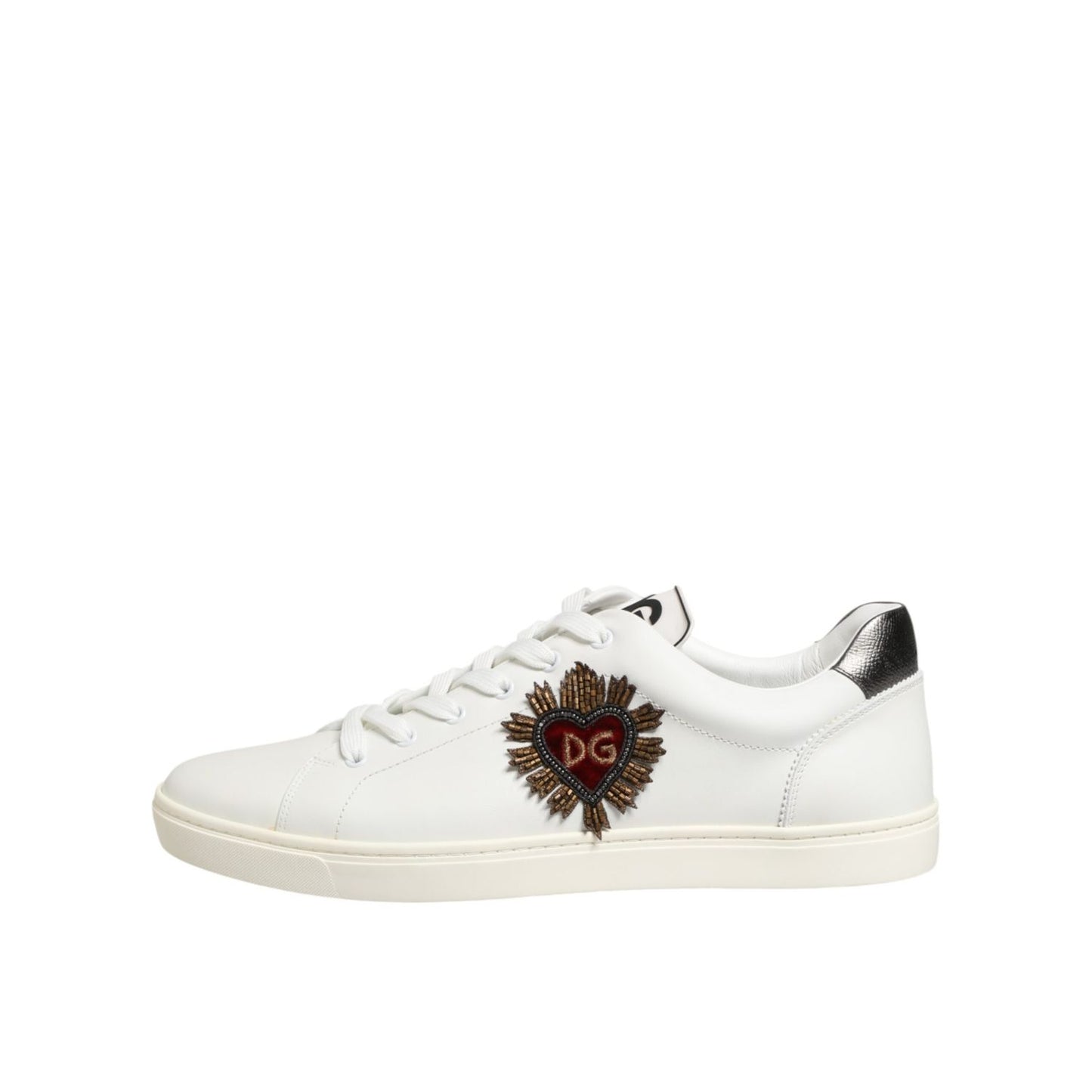 Dolce & Gabbana White Leather Heart Embellished Sneakers Shoes, luxury low-top design with premium calf leather and refined craftsmanship.