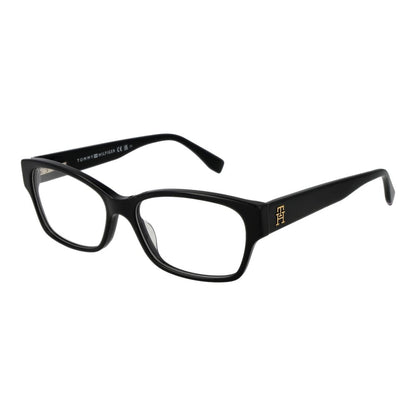 Tommy Hilfiger Black Acetate Glasses (Frames), women’s full-rim rectangle frame with demo lenses and spring hinge.