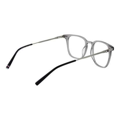 Tommy Hilfiger Gray Acetate Glasses (Frames) for men, full-rim rectangle style with branded case, demo lenses, no spring hinge, acetate material.