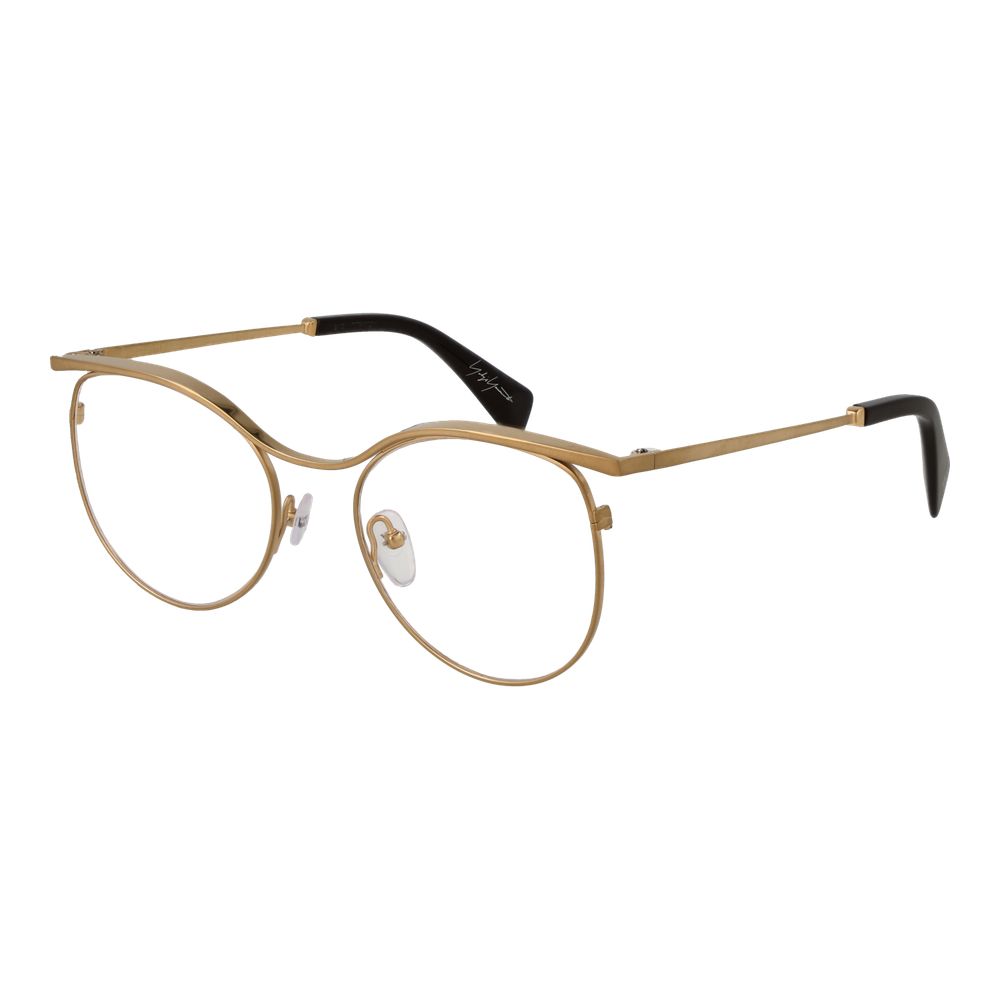 Yohji Yamamoto Gold Metal Glasses (Frames) for women, round style, full-rim, size 53-18-145, with demo plastic lenses, gold color.