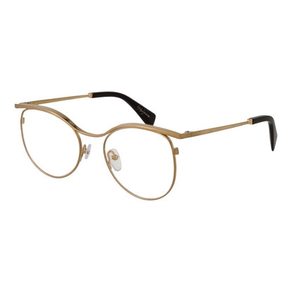 Yohji Yamamoto Gold Metal Glasses (Frames) for women, round style, full-rim, size 53-18-145, with demo plastic lenses, gold color.