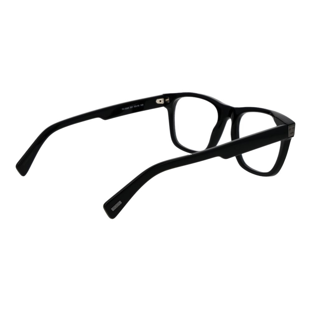 Side view of Tod's Black Acetate Glasses (Frames) with full-rim and demo lenses, featuring a classic rectangle design and branded case included.