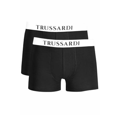 Trussardi Black Cotton Underwear with elastic waistband, basic bi-pack boxer parigamba featuring logo print.