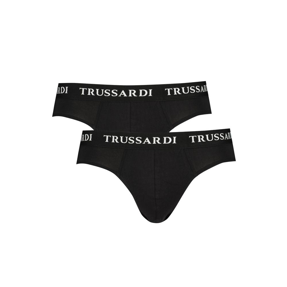 Trussardi Black Cotton Underwear, bi-pack slip with branded elastic waistband and logo print. Comfortable and stylish men's briefs.