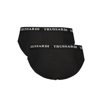 Trussardi Black Cotton Underwear in bi-pack with branded elastic waistband, slip style, featuring logo print.