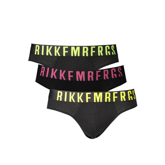 Bikkembergs Black Cotton Underwear tri-pack with elastic waistband, featuring fluo prints in green, fuchsia, and yellow.