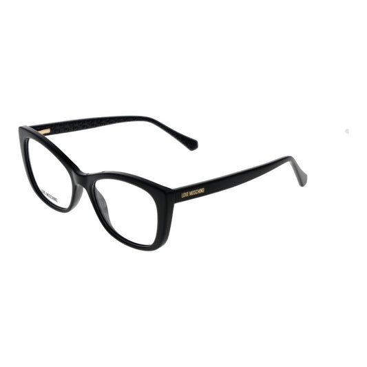 Love Moschino Black Cellulose Propionate Glasses (Frames) with full-rim butterfly style, branded in black, with demo lenses and spring hinge.