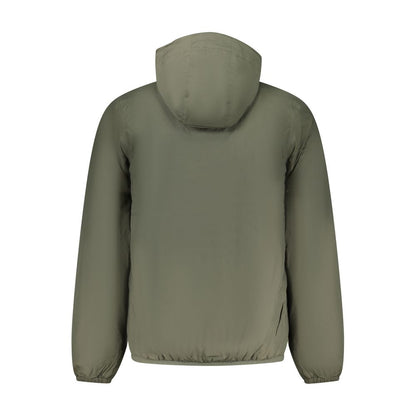 K-WAY Green Polyamide Men Jacket with hood and utilitarian design, perfect for modern adventurers seeking style and functionality.