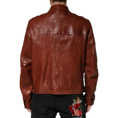 Dolce & Gabbana Brown Leather Button Down Men Biker Jacket