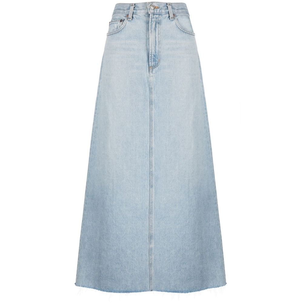AGOLDE PRE Skirts Clear Blue: light blue maxi denim skirt with frayed edge, mid-rise, and classic five pockets.