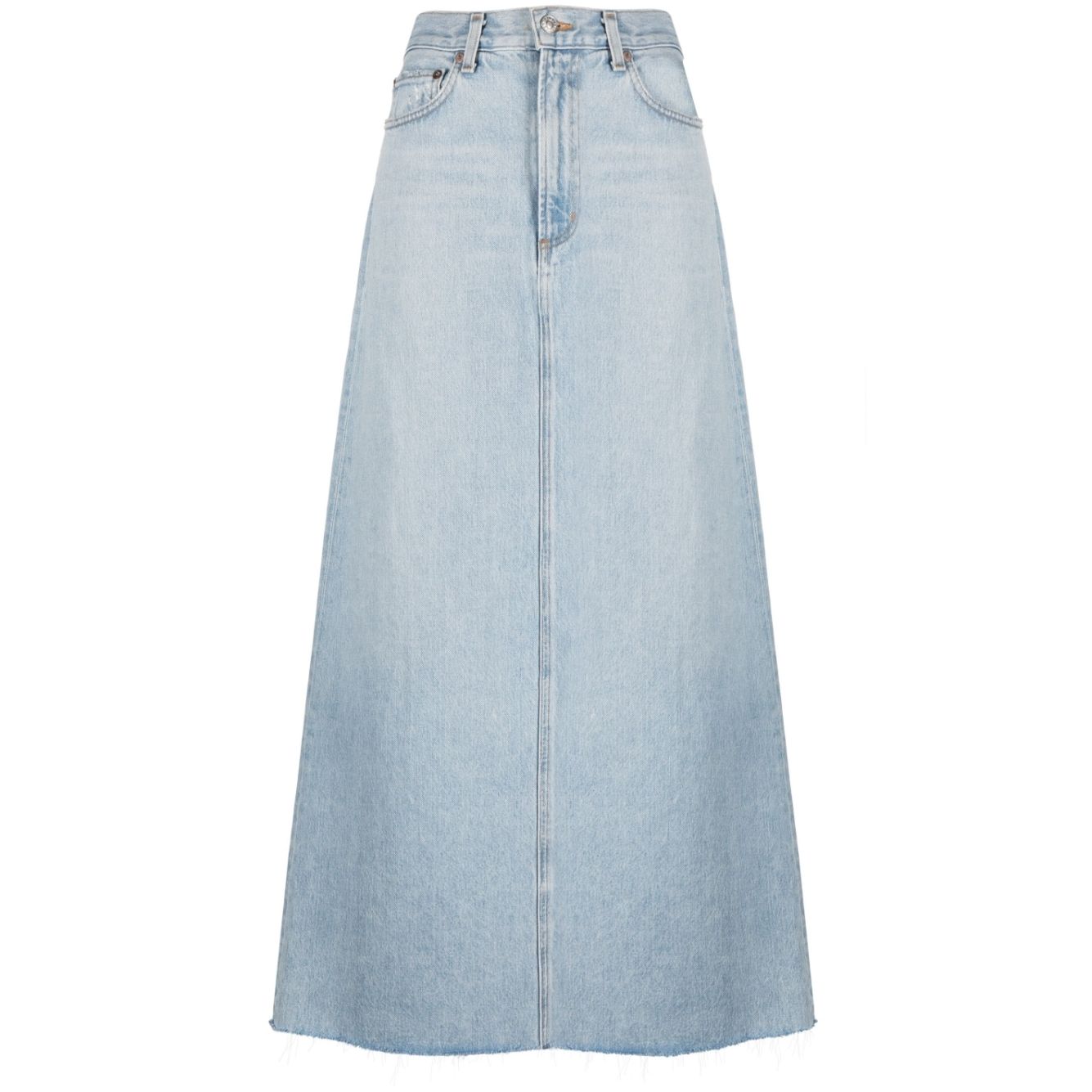 AGOLDE PRE Skirts Clear Blue: light blue maxi denim skirt with frayed edge, mid-rise, and classic five pockets.