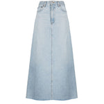 AGOLDE PRE Skirts Clear Blue: light blue maxi denim skirt with frayed edge, mid-rise, and classic five pockets.