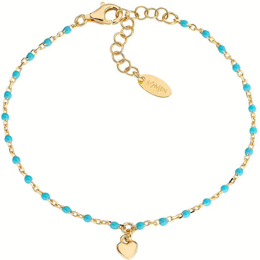 AMEN JEWELRY Mod. BRSMCUGT3 gold bracelet with turquoise beads and heart charm