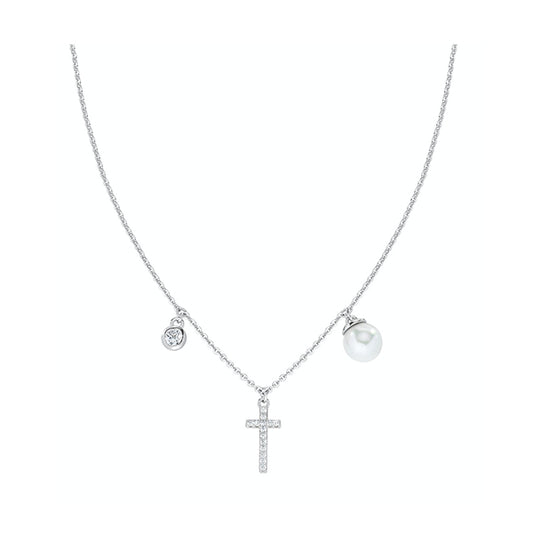 AMEN JEWELRY Mod. CLCRPEBBZ necklace with cross, pearl, and crystal charm on a delicate chain.