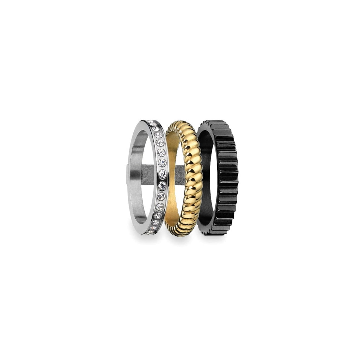 AN JEWELS JEWELRY Mod. AR.R3NS03SYK-9 featuring a set of three rings in silver, gold, and black on a white background