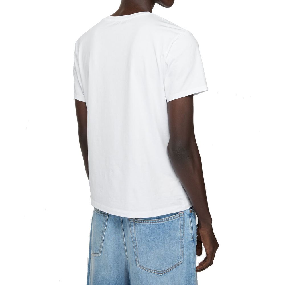 Back view of Acne Studios White Cotton T-Shirt, short sleeve, unisex fit, model wearing size M, white with face logo, paired with jeans.