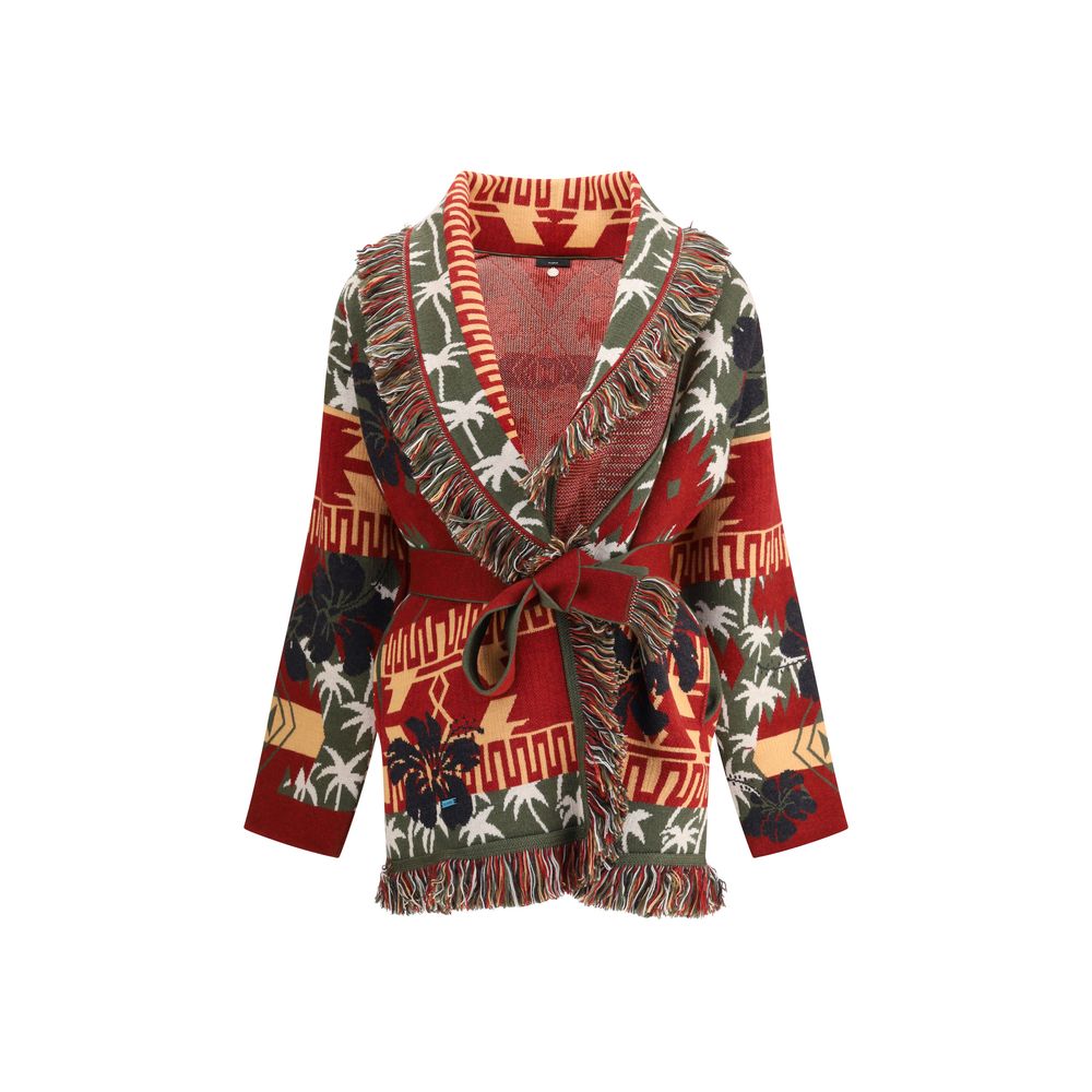 Alanui Multicolor Fleece Wool Cardigan with hibiscus and palm tree patterns, two-tone sash belt, and fringed edges, made in Italy.
