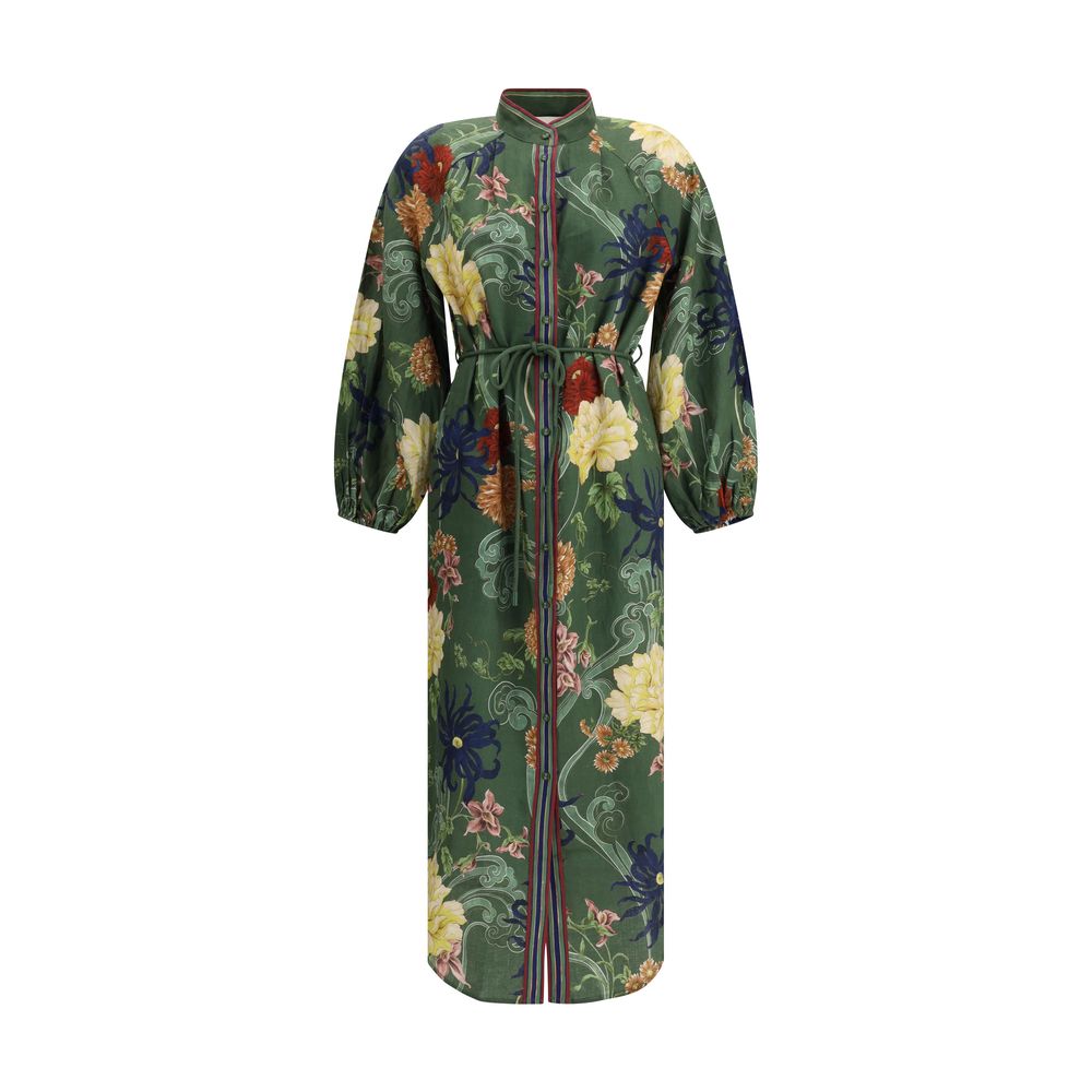 Alemais Green Linen Casual Dress with floral pattern, balloon sleeves, and Korean collar, featuring a knotted drawstring waist for fit adjustment.