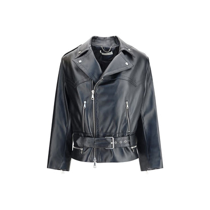 Alt Tag: Alessandra Rich Black Leather Biker Jacket with wide lapels and detachable belt, showcasing timeless style and strong character.