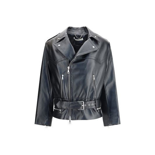 Alt Tag: Alessandra Rich Black Leather Biker Jacket with wide lapels and detachable belt, showcasing timeless style and strong character.