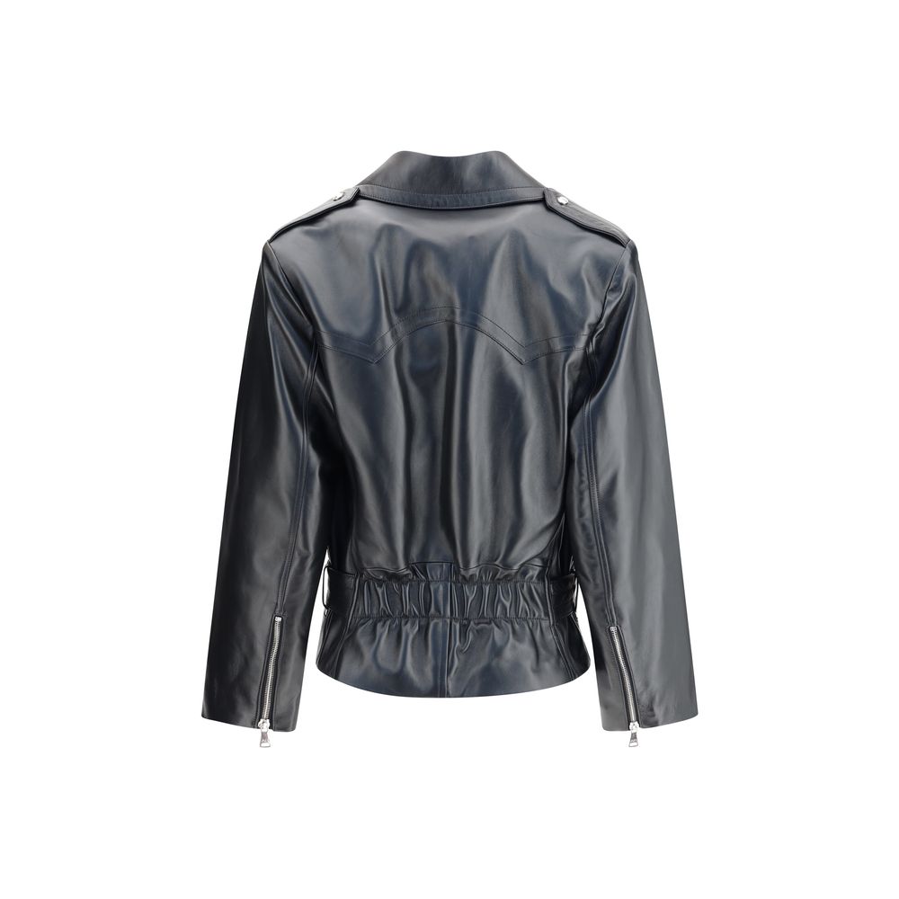 Back view of Alessandra Rich Black Leather Biker Jacket featuring zippered pockets and elasticized waist design.