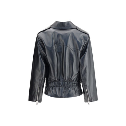 Back view of Alessandra Rich Black Leather Biker Jacket featuring zippered pockets and elasticized waist design.