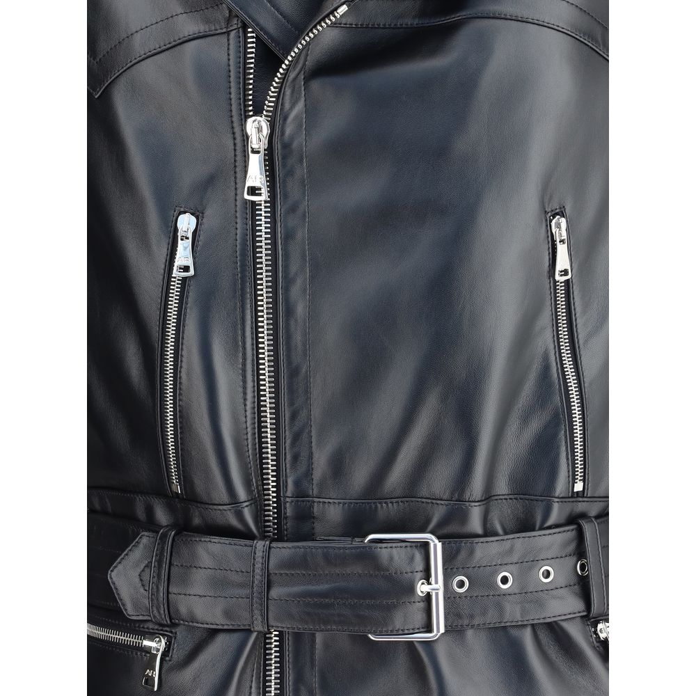 Close-up of Alessandra Rich Black Leather Biker Jacket with zippered pockets, side zipper closure, and adjustable belt.