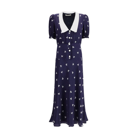 Alessandra Rich Blue Silk Casual Dress with bow pattern, puff sleeves, and wide collar, exemplifying vintage elegance for AW25 season.