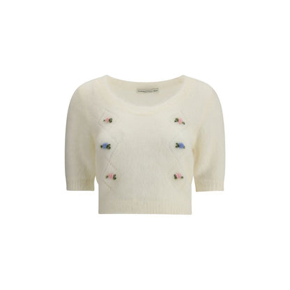 Alessandra Rich White Mohair Sweatshirt with embroidered flowers and openwork details, round neckline, ribbed hemline, AW25 collection