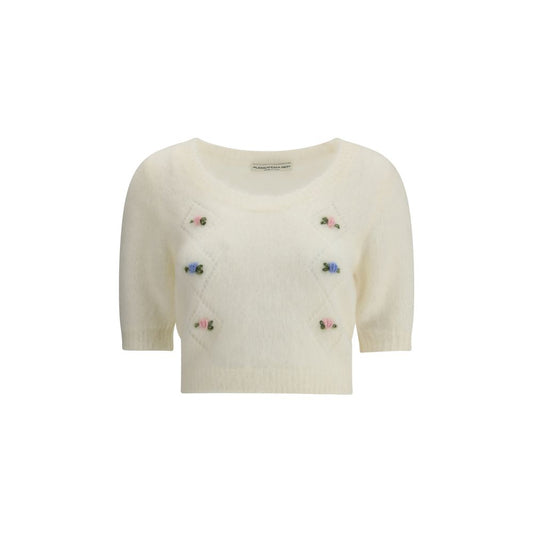 Alessandra Rich White Mohair Sweatshirt with embroidered flowers and openwork details, round neckline, ribbed hemline, AW25 collection