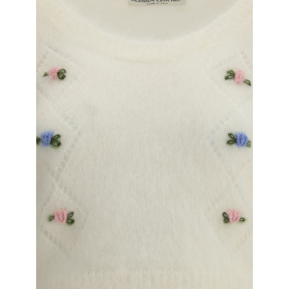 Alessandra Rich White Mohair Sweatshirt with embroidered flowers, round neckline, ribbed hemline, delicate openwork design, AW25 collection.