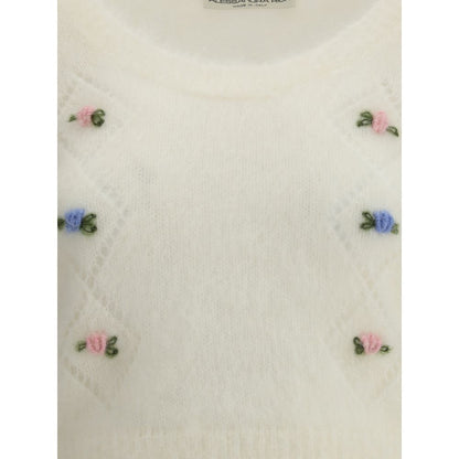 Alessandra Rich White Mohair Sweatshirt with embroidered flowers, round neckline, ribbed hemline, delicate openwork design, AW25 collection.